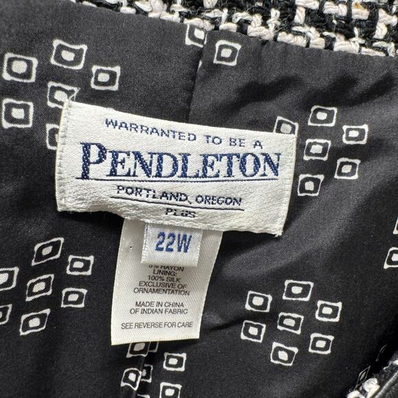 Pendleton Blazer Womens 22W Silk Tweed Leather Trim Black White Lined Jacket - Picture 2 of 10